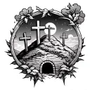 Jesus empty tomb and 3 crosses on a hill dark sky filled tattoo design idea