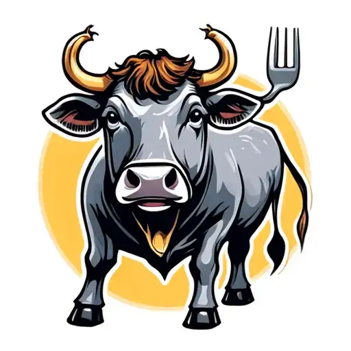Restorating logo with a funny gray cow, the tail shaped like a fork tattoo design idea