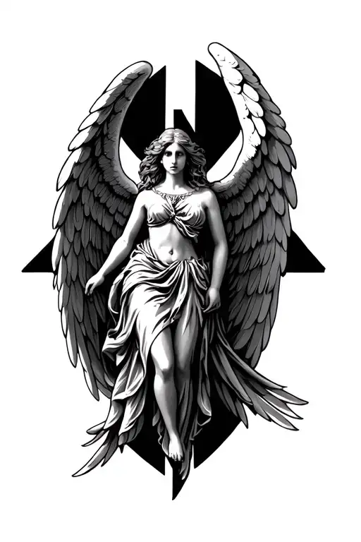 female guardian angel large wings on a cross tattoo design idea