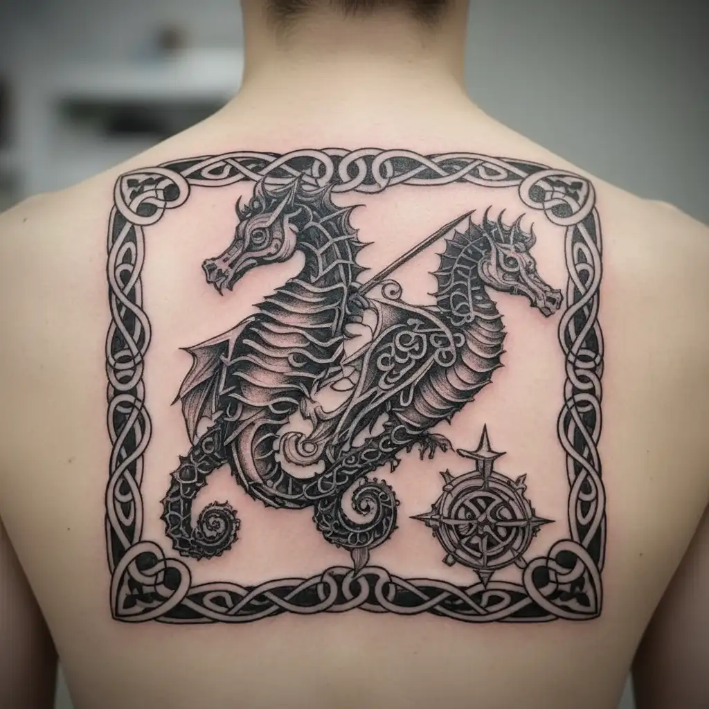 SEAHORSE AND OWL HOLDING TRIDENT  tattoo design idea