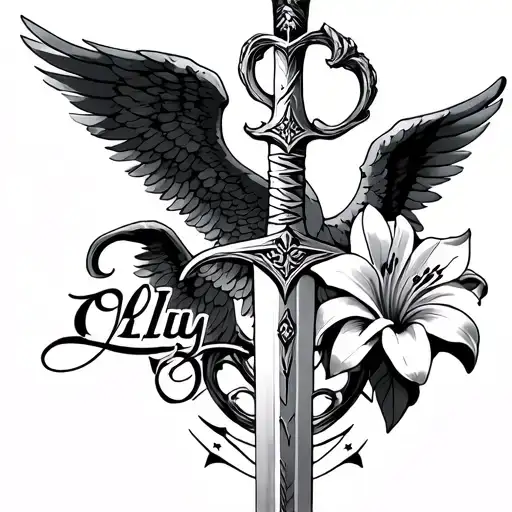 St Michael Sword One Angel Wing with a lily flower and the name lily in it non vissible by first look tattoo design idea