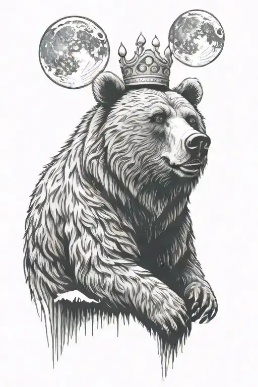 grizzly bear,full moon,royal crown black shading more line work tattoo design idea