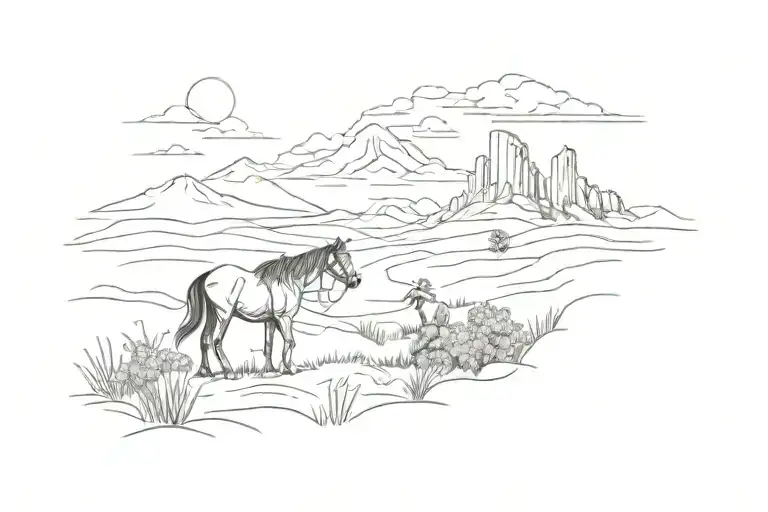 western plains landscape, with horse and cowgirl, wildflowers bordering the top and bottom. Minimalistic style tattoo design idea