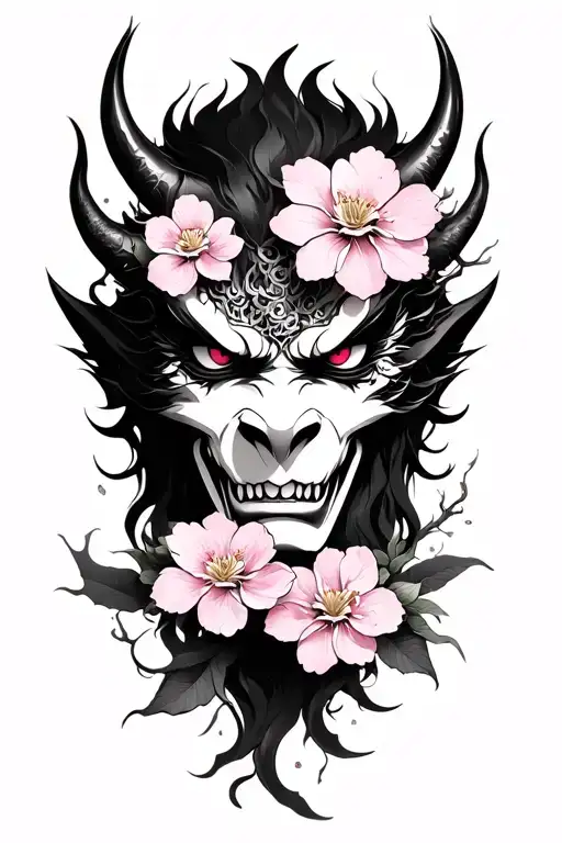 face of a demon from Japanese mythology with sakura flowers tattoo design idea