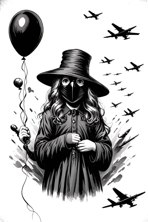 little girl wearing a plague doctor mask holding a balloon in the middle of a war with airstrikes and A10 dropping bombs tattoo design idea
