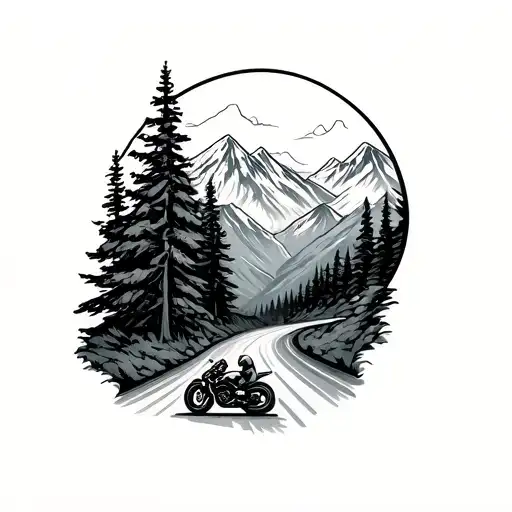 scenic twisty road in mountains with motorcycle tattoo design idea