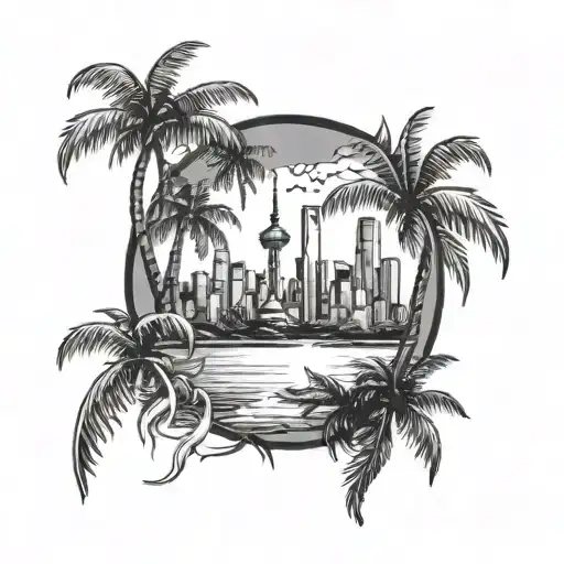 Shanghai and Los Angeles skyline and coconut tree tattoo design idea