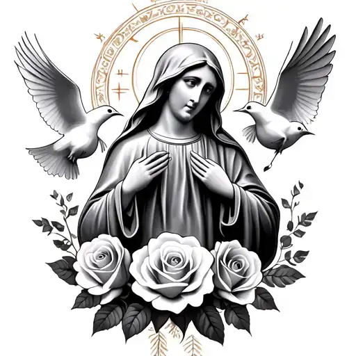 the holy Mary with roses below and doves  tattoo design idea