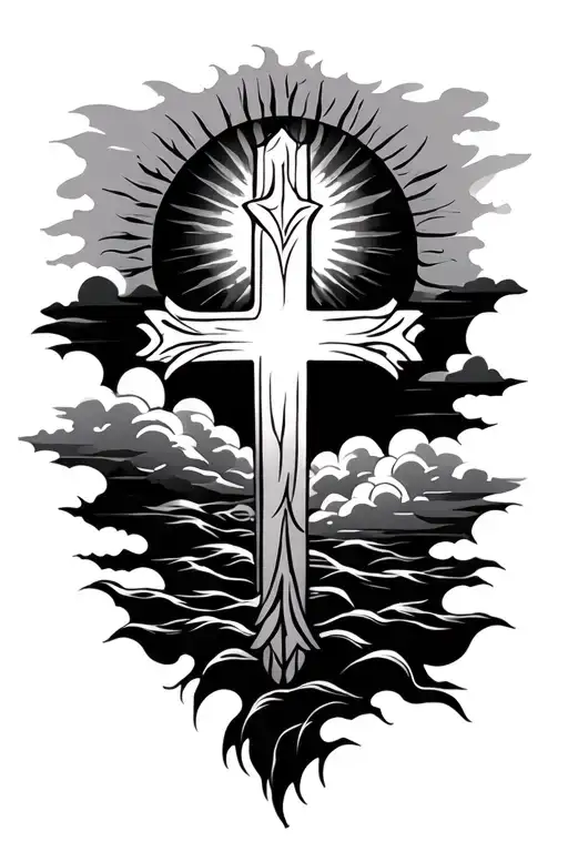 serenity prayer, cross, sun, clouds tattoo design idea