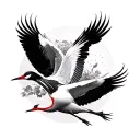 japanese cranes flying towards each other, one above the other, on irregular poses, cery lightly shaded  tattoo design idea