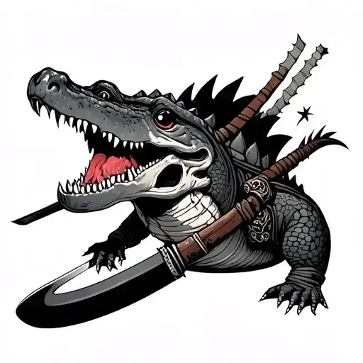skull samurai stabbing alligator tattoo design idea