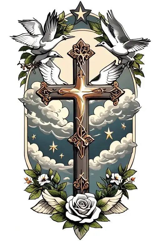 Clouds and White stars and doves and  a rose and a Catholic Cross tattoo design idea