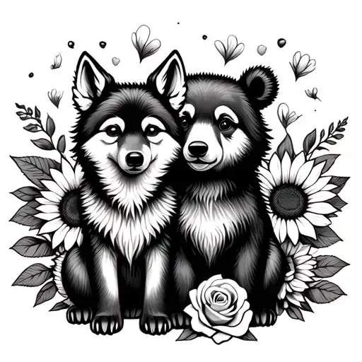  cute baby wolf and bear sitting with sunflowers and roses. black tattoo design idea