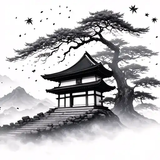 A peaceful Japanese mountain temple with a torii gate, surrounded by falling maple leaves and drifting mist. Soft linewo tattoo design idea