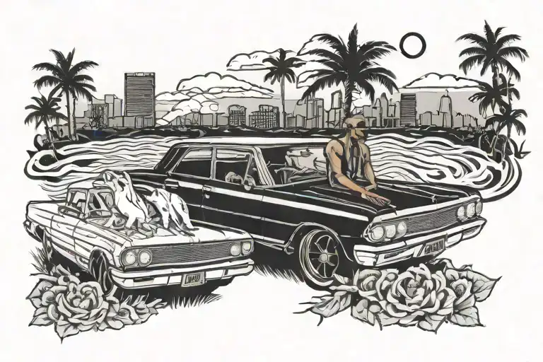 2pac and drdre, 1964 impala, palm and rising sun setting tattoo design idea