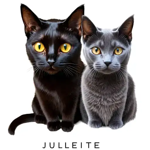 Black  Bombay Cat with yello eyes named Juliette with Russian Blue Cat named Dante with emerland eyes tattoo design idea