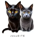 Black  Bombay Cat with yello eyes named Juliette with Russian Blue Cat named Dante with emerland eyes tattoo design idea
