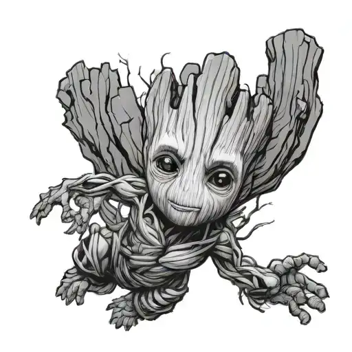  baby Groot hanging down looking forward. full body  tattoo design idea