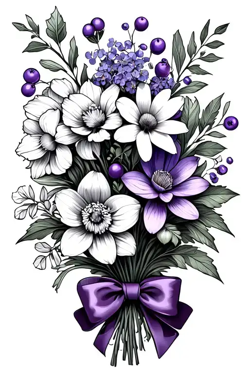 small bouquet with long stems tied at bottom with bow of violet, daffodil, water lily, cosmos and holly berry fine line  tattoo design idea