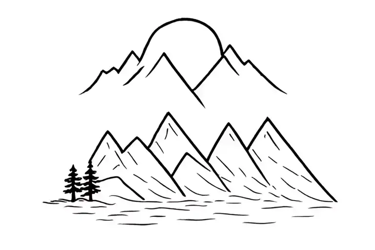 small and simple and minimal detail mountain range silhouette of 3 peaks with water at base and a few small trees tattoo design idea