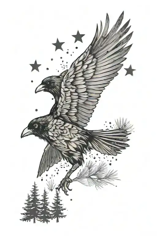 Crow with pine trees night sky filled with stars in the body of crow  tattoo design idea