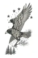Crow with pine trees night sky filled with stars in the body of crow  tattoo design idea
