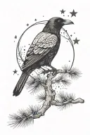 Crow with pine trees night sky filled with stars in the body of crow  tattoo design idea