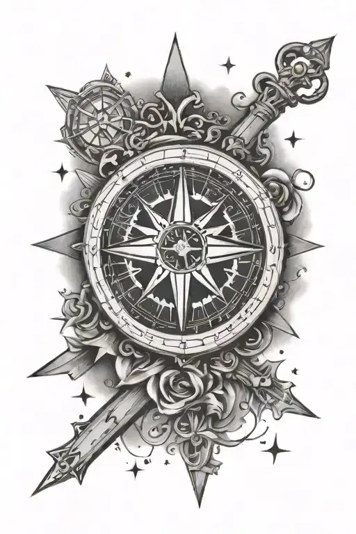 compass leading to a cross surrounded by stars  tattoo design idea