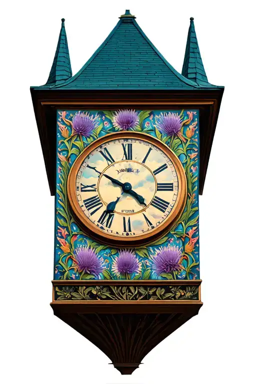 clock tower, polish pottery design inspired, thistle tattoo design idea