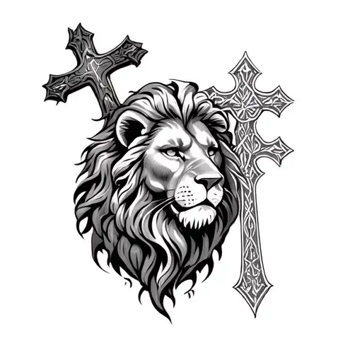 Create a tattoo concept of a black and white tattoo of a christian-inspired lion and cross to be placed on the  forearm  tattoo design idea