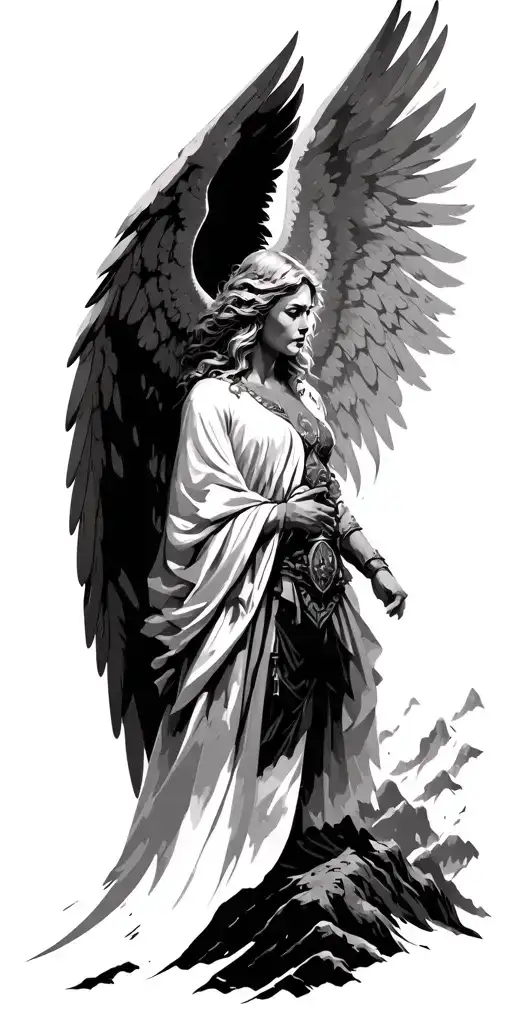 angel warrior surrounded my mountain range tattoo design idea