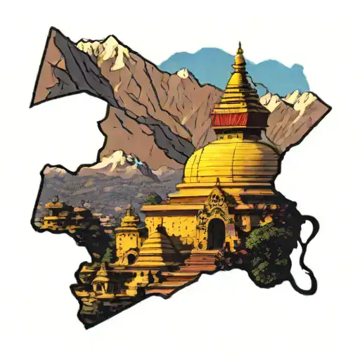 nepal mountain int eh background, followed by stupa and a temple in the hills below include some praying flags tattoo design idea