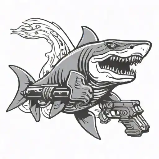 musle shark character holding uzi gun like a thug tattoo design idea