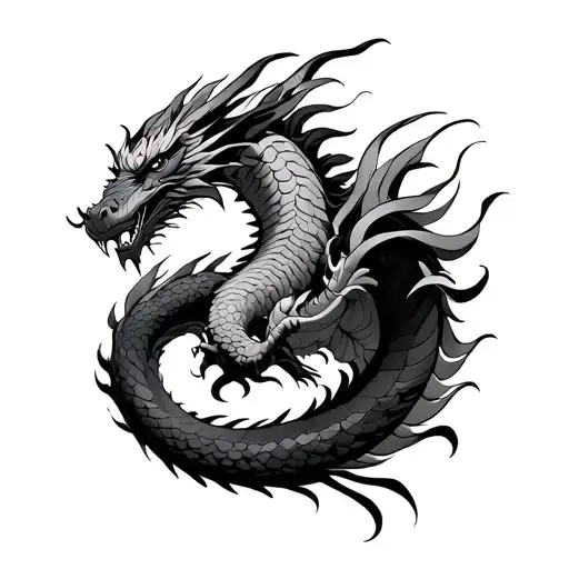 Japanese dragon facing forward long tail with wings tattoo design idea