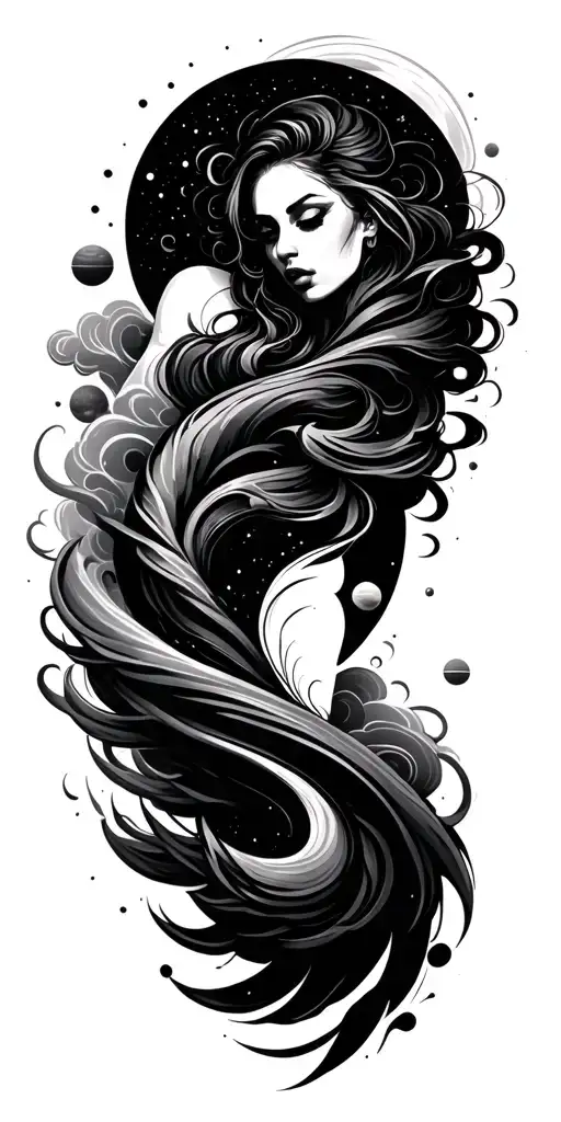spiral, swirl, clouds, planet, space, time, woman tattoo design idea