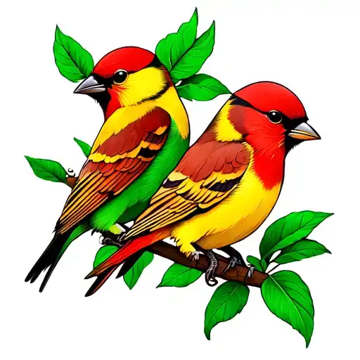 3 Little Birds, red yellow green drawing tattoo design idea