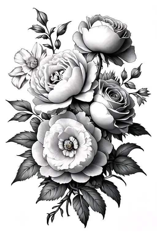 peonies, narcissus, carnations and roses growing together tattoo design idea
