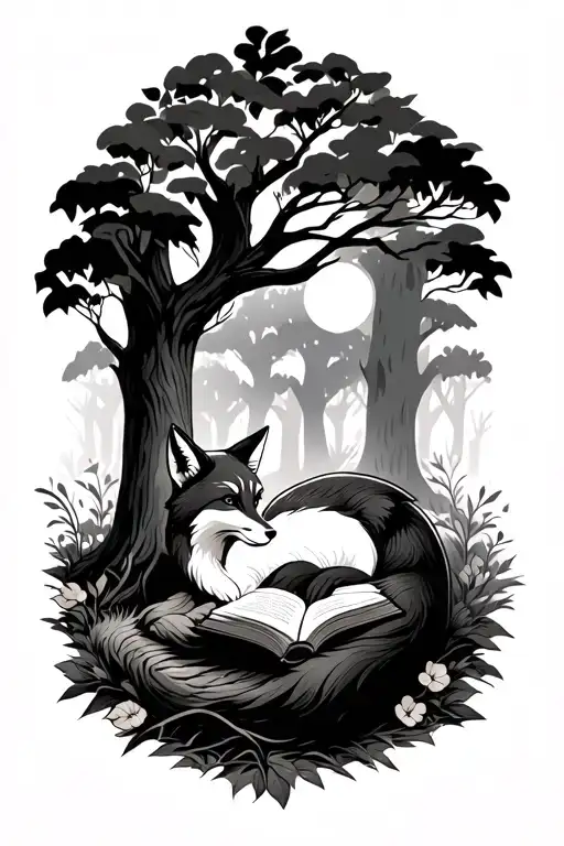 A beautiful tattoo of a fox curled up reading a book under a tree in a forest setting tattoo design idea