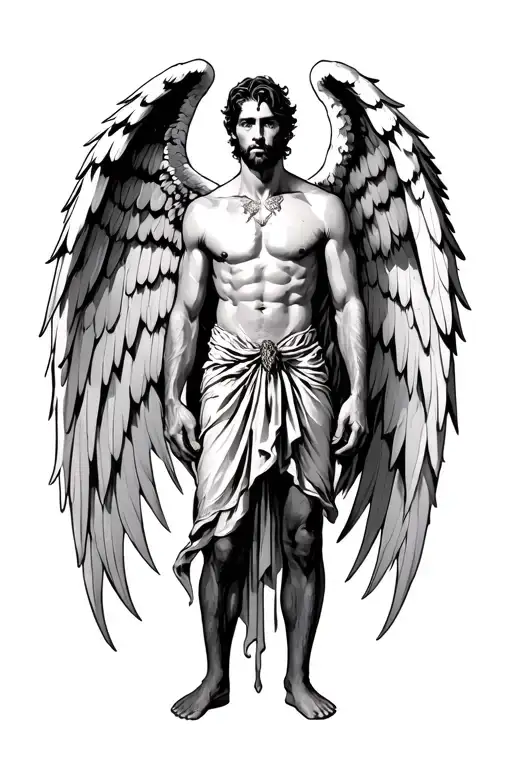 a standing man with angel and demon wings spread  tattoo design idea