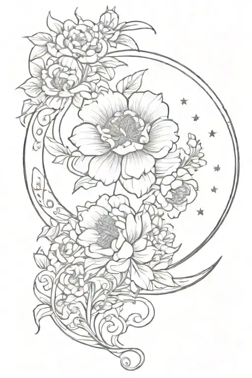 crescent moon, peonie flowers, art nouveau, art deco, symmetrical tattoo design idea