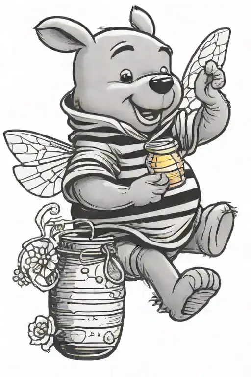 Winnie the Pooh holding a jar of honey and a bee flying tattoo design idea