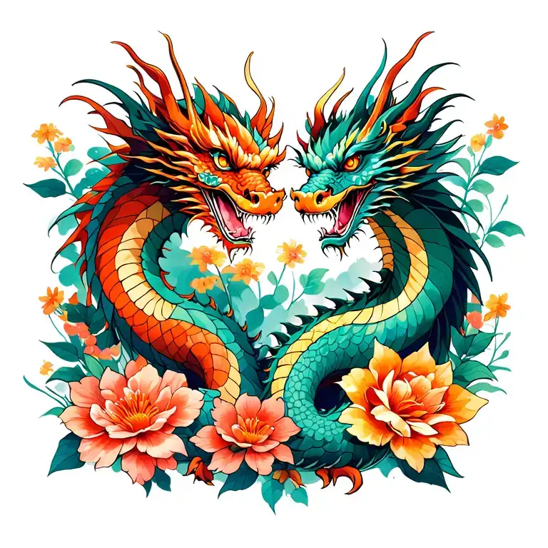 twin dragons and flowers symbolizing femininity strength tattoo design idea