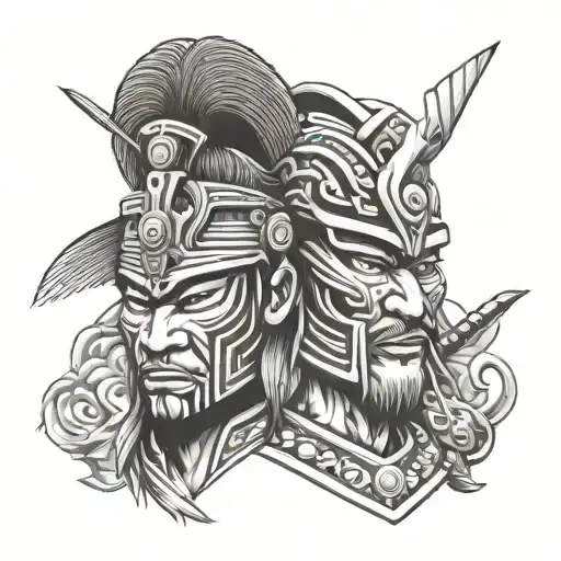 portrait of a samurai and aztec god face with mask japanese and mexican theme  tattoo design idea