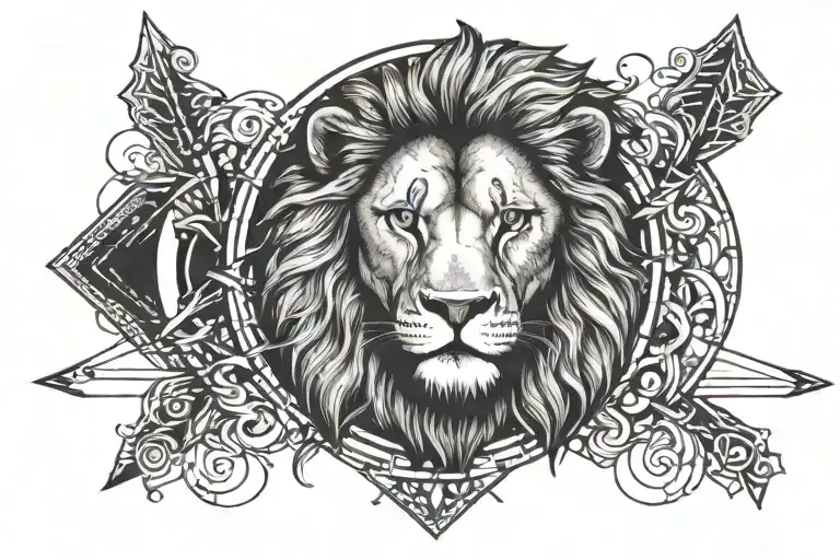 Lion with half face in arrow with blue eye. text LET THEM tattoo design idea