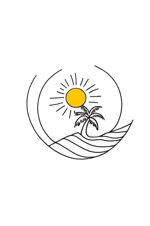 simple tattoo with a sun, a palm tree and wave forming the shape tattoo design idea