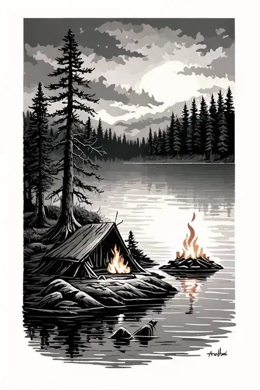 trees on the lake with camp fire  tattoo design idea