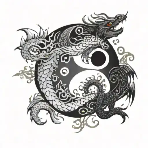 yin and yang black is the moon white is the sun incorporating the 5 elements encirled by a water dragon tattoo design idea