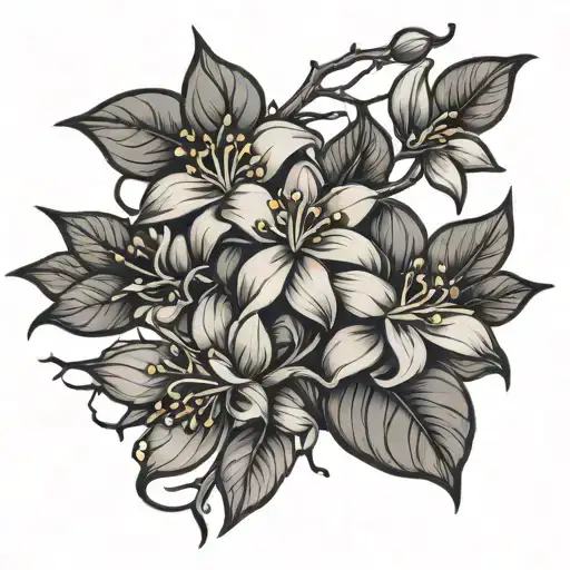 Simple fine line and dot work tattoo of jasmine flowers intertwined with a birtch tree branch.  tattoo design idea