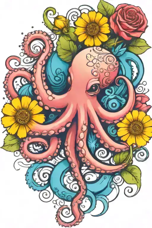 octopus, snowdrop, rose,  marigold flower tattoo design idea