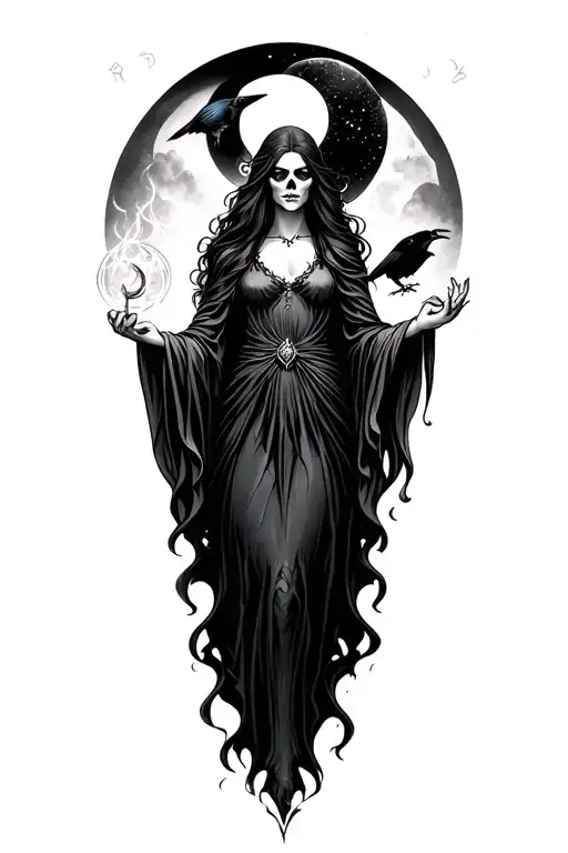 Death portrayed as a powerful sorceress casting spells with blackwork elements crescent moon and raven in background  tattoo design idea